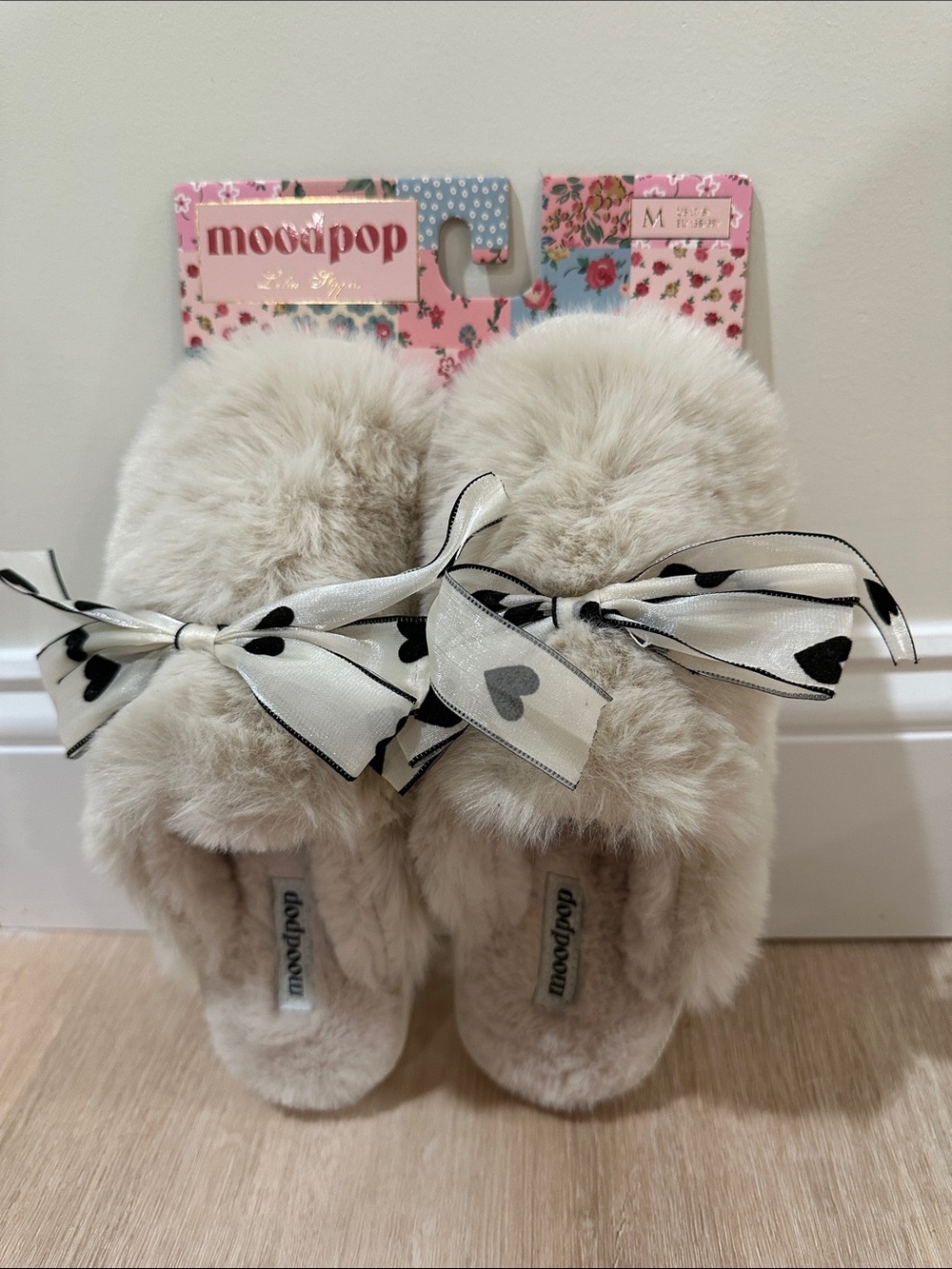Size 7/8 Moodpop Womens Faux Sherpa Memory Foam Slippers Black Bow Taupe
